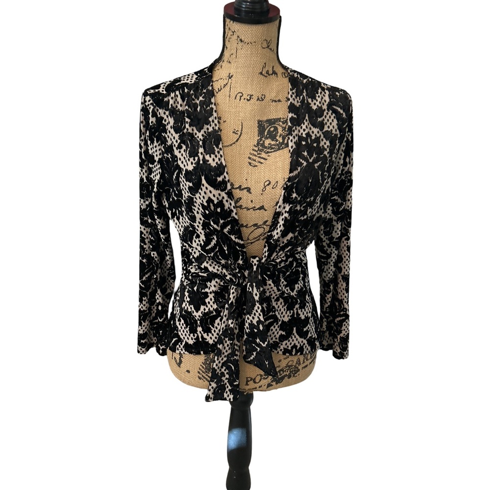 Vintage Loco Lindo Size M/L Tie Front Blouse Top Black White Damask Print